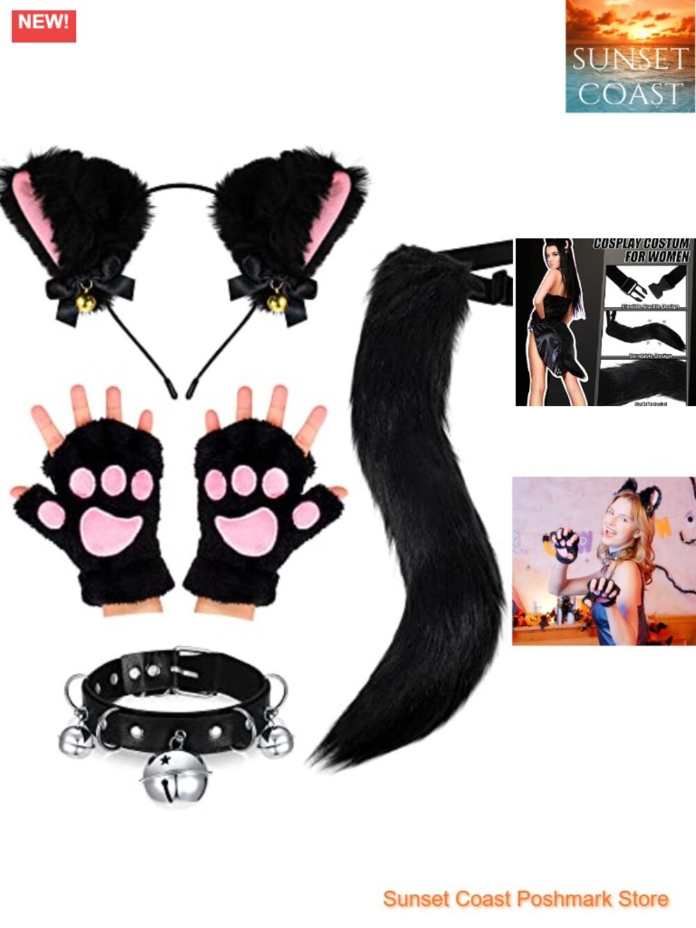 Cat Cosplay Costume Set Faux Fur Tail Ear Clip Choker Paw Gloves Halloween Party